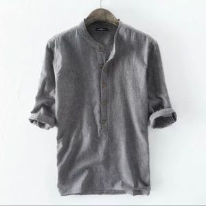 Men Casual Striped Shirt Linen Loose Collarless Retro 3/4 Sleeve Striped Tee Top